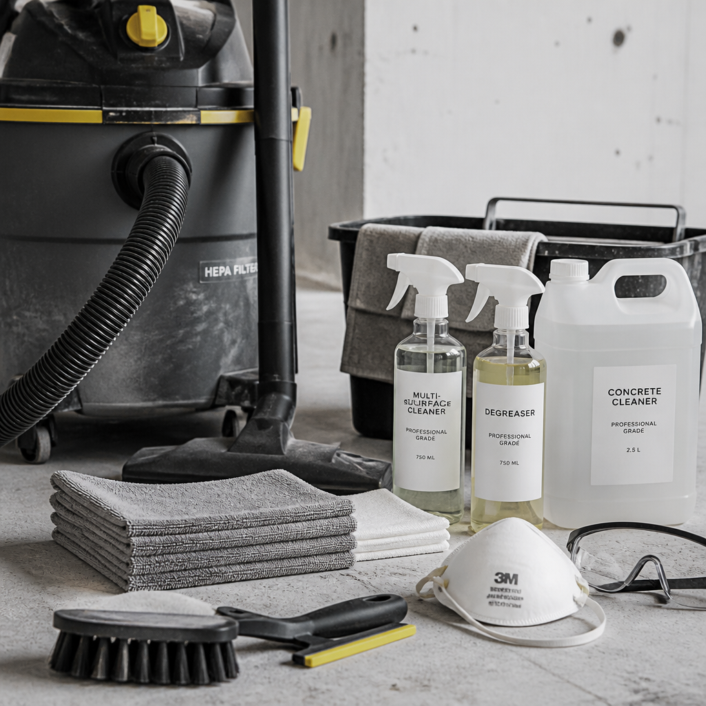 Professional builders cleaning equipment and supplies laid out on construction floor