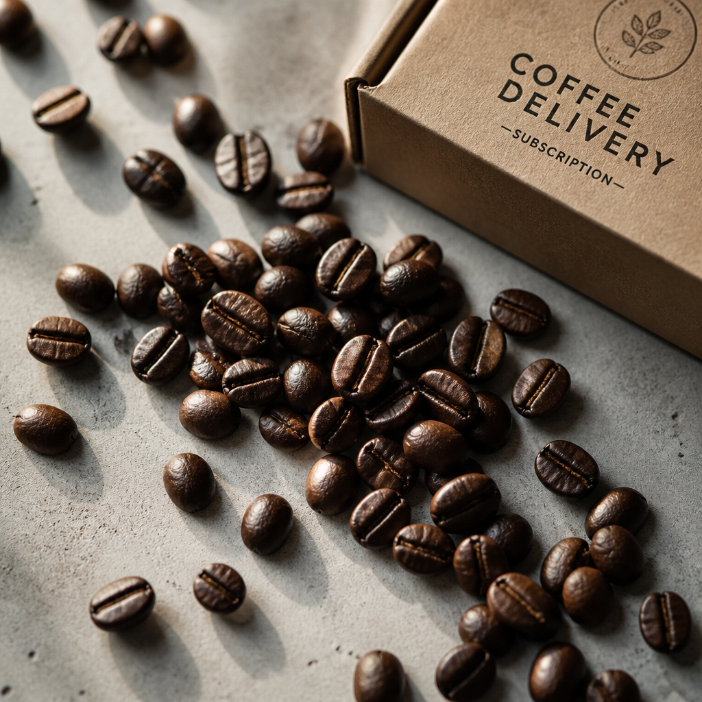 Freshly roasted coffee beans on neutral surface with subscription package
