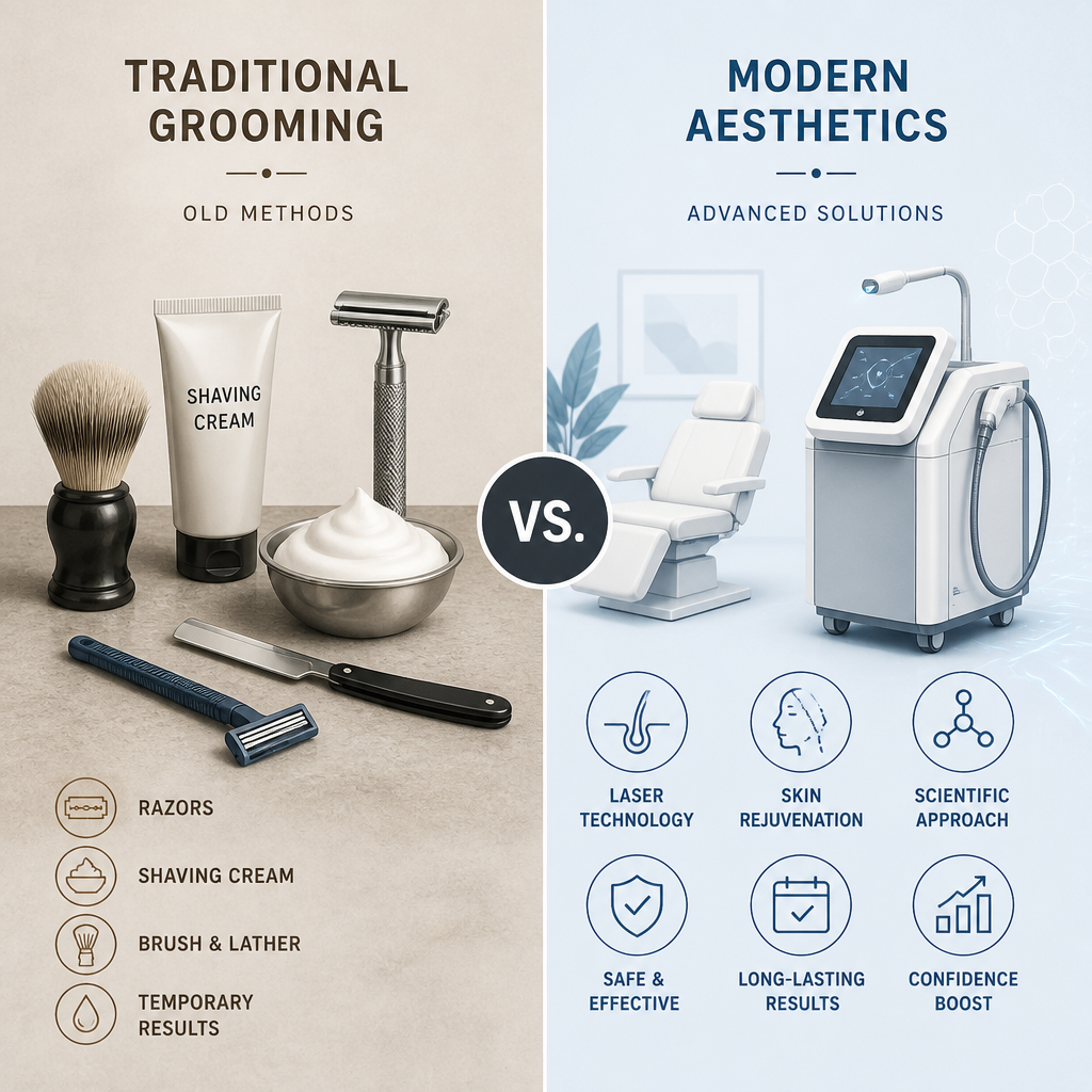 Visual comparison between traditional grooming methods and modern laser technology