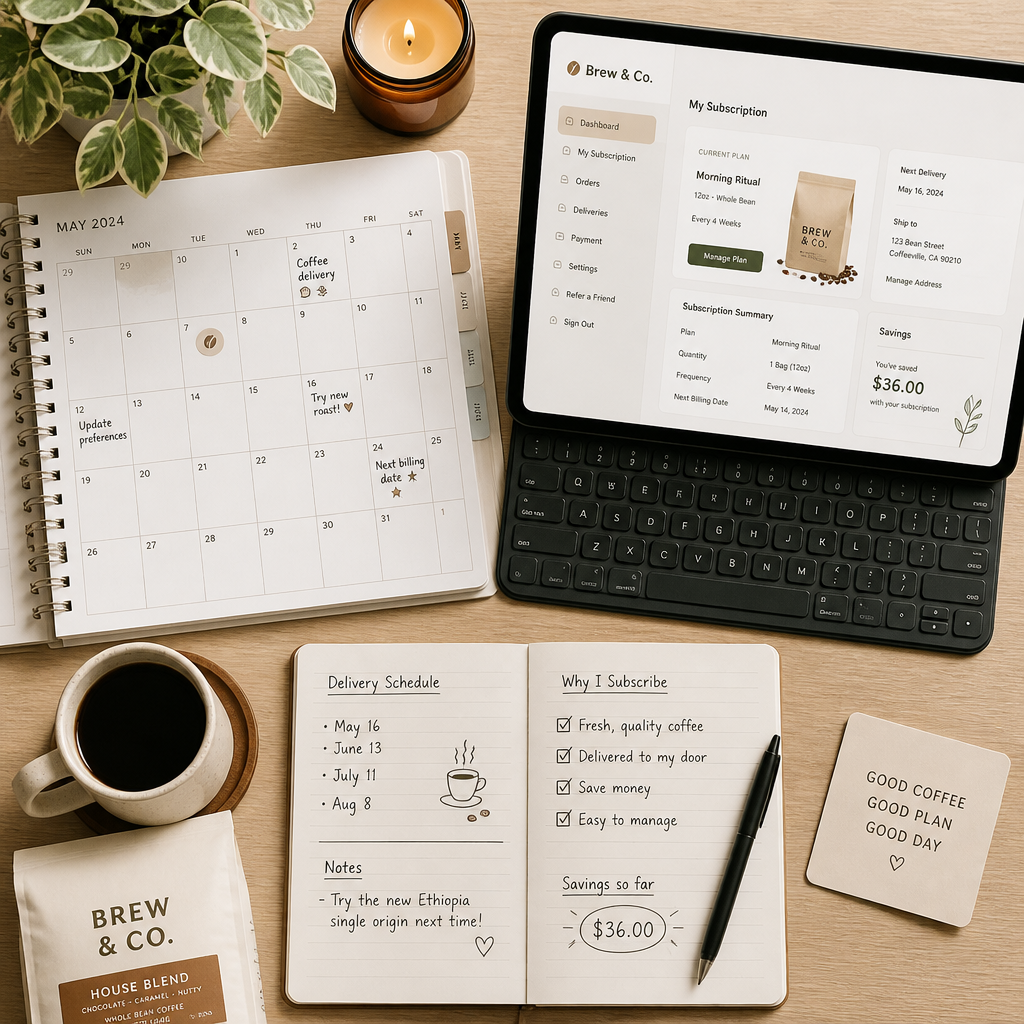 Organized coffee subscription management workspace with calendar and planner
