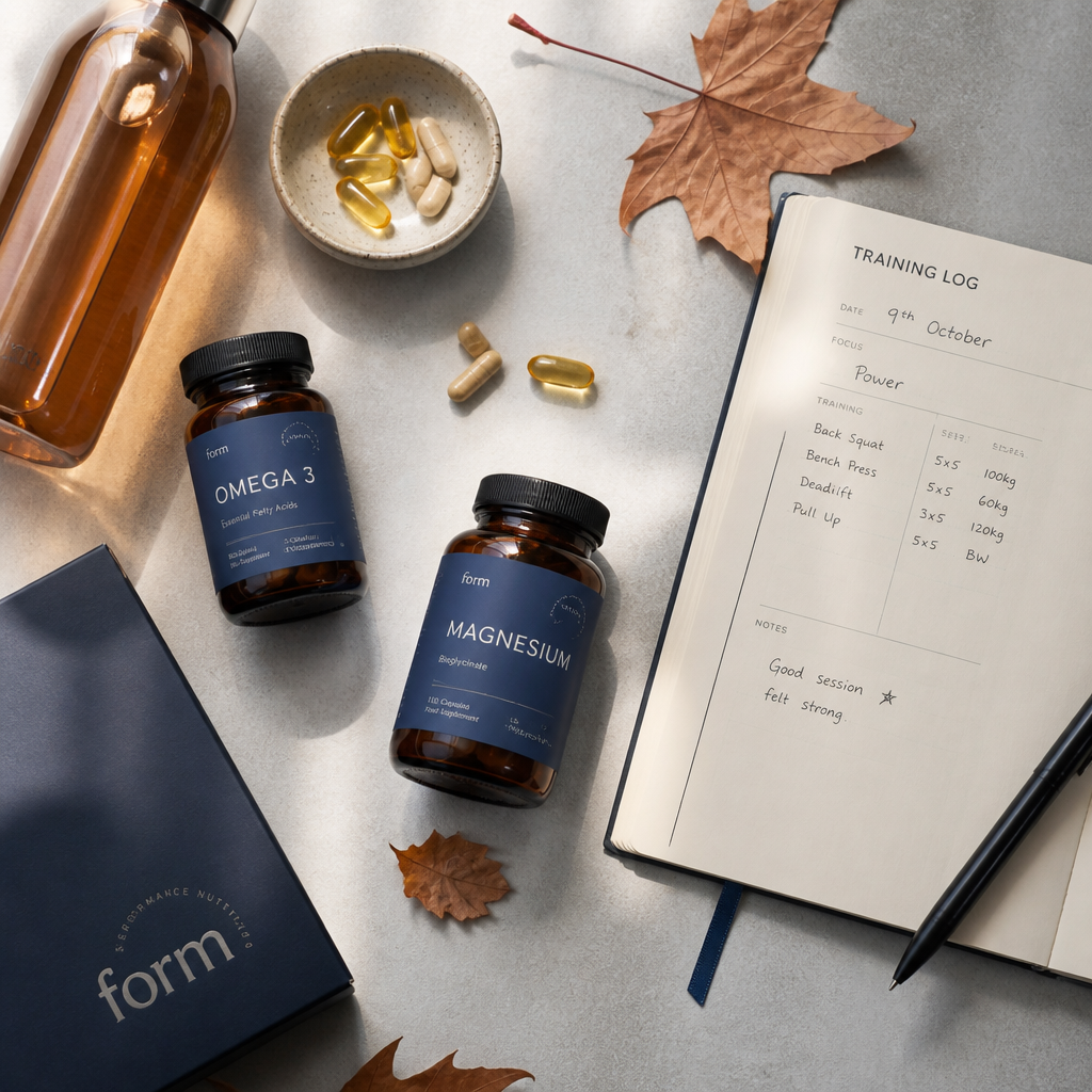 Supplement bottles and capsules arranged on a workspace desk with autumn aesthetic