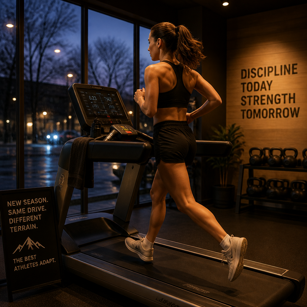 Active adult running on treadmill indoors during autumn evening training session