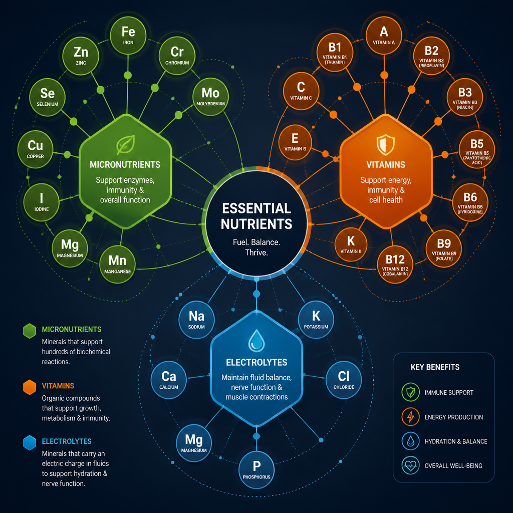 Abstract visualization of micronutrient and vitamin connections for supplement planning