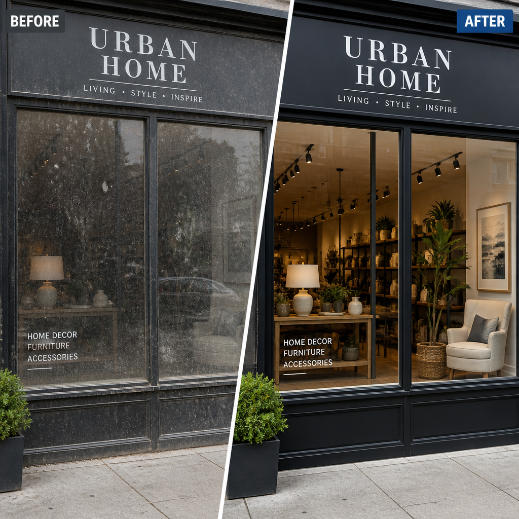 Before-and-after split comparison of a storefront window, showing the dramatic difference between dirty and clean glass