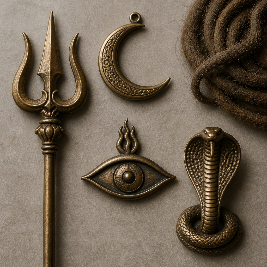Sacred Shiva iconographic symbols displayed in flat lay arrangement with dramatic lighting