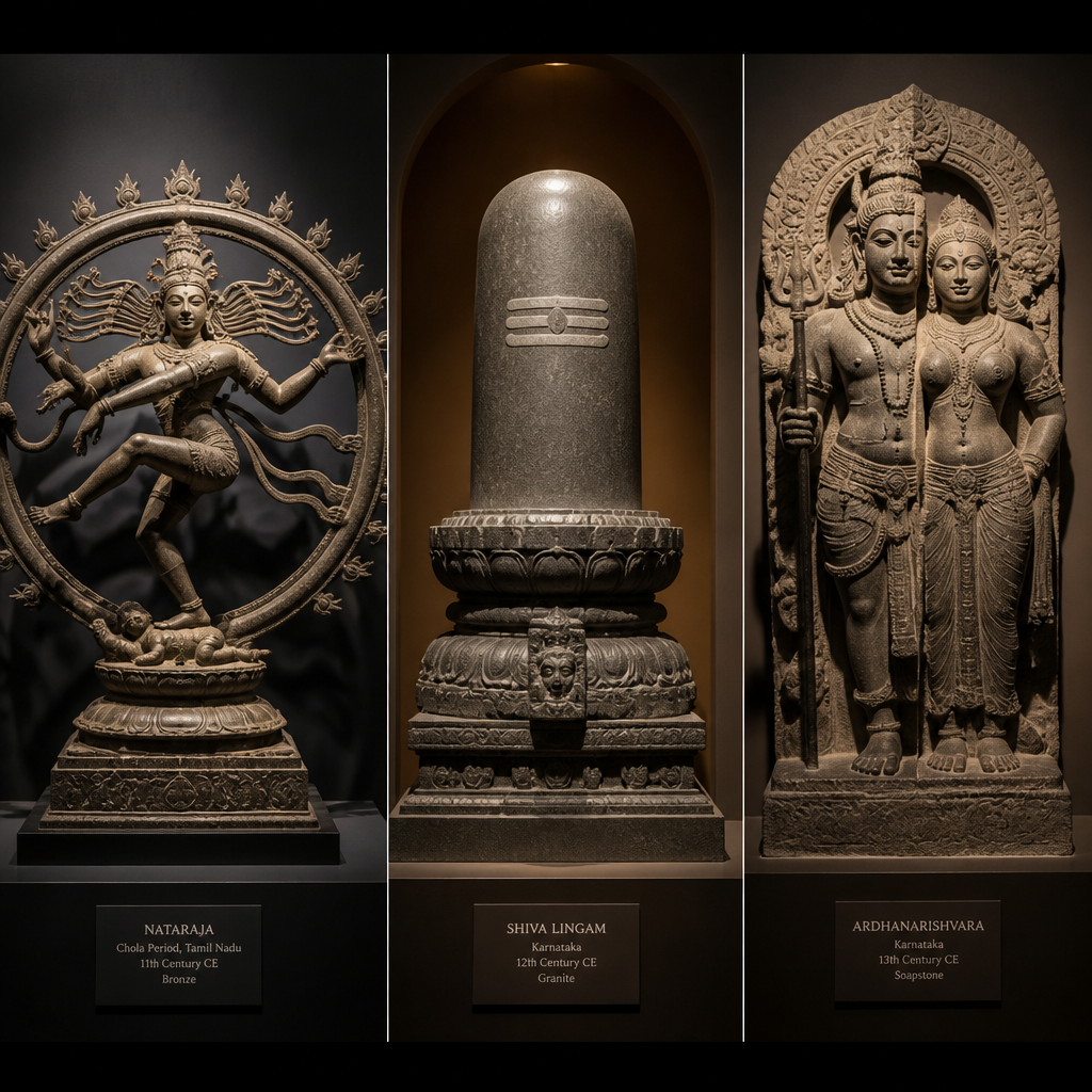 Three different Shiva statue forms displayed as museum gallery pieces with individual accent lighting