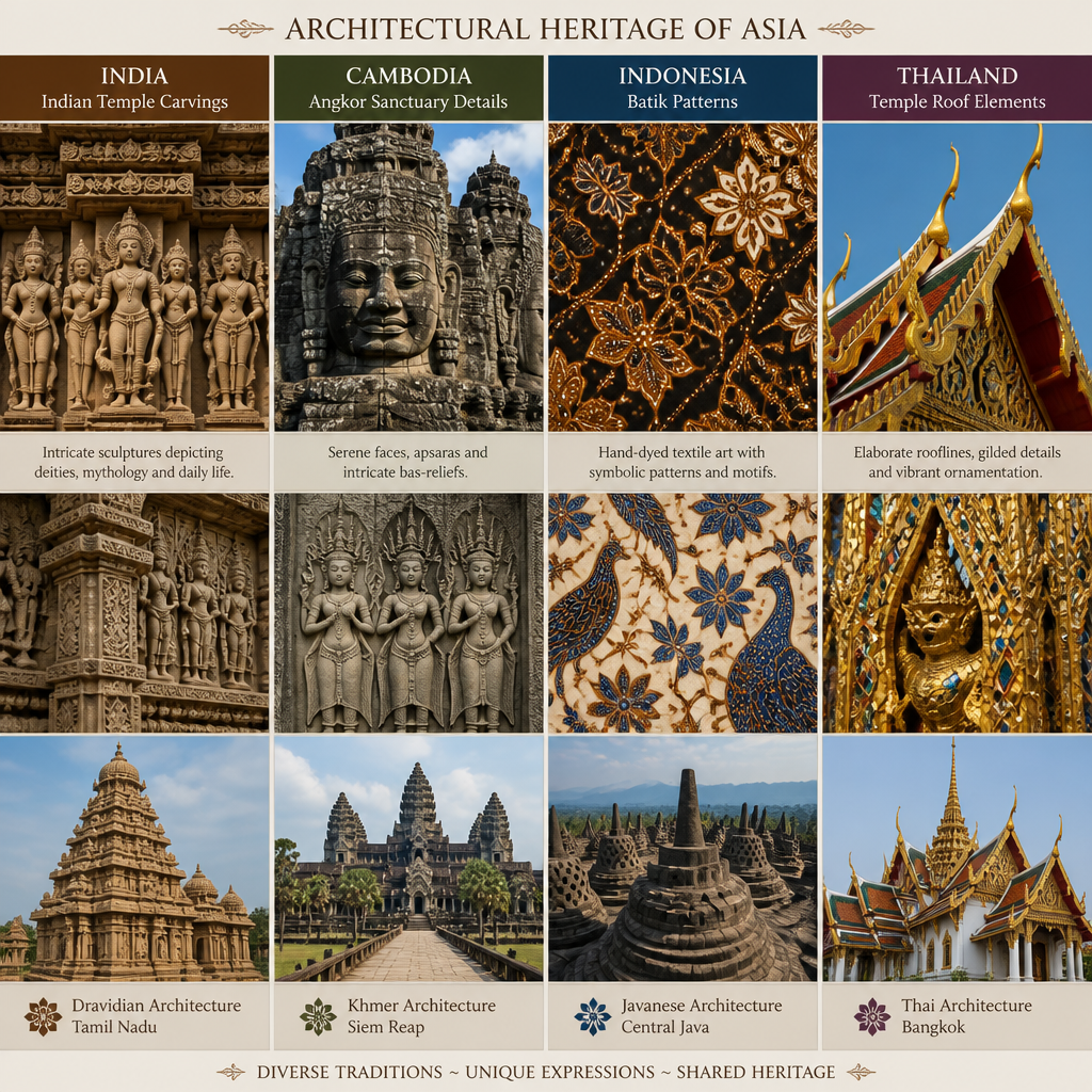 Regional architectural and sculptural elements from Indian, Cambodian, Indonesian, and Thai temples showing diverse artistic traditions