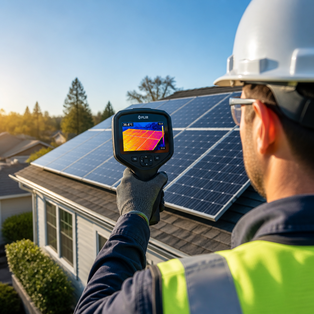Technician using infrared thermal imaging camera to inspect solar panels on residential roof