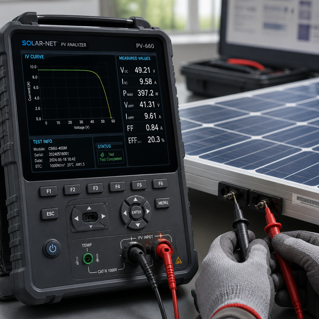 Solar panel IV curve testing equipment displaying electrical performance data and voltage measurements