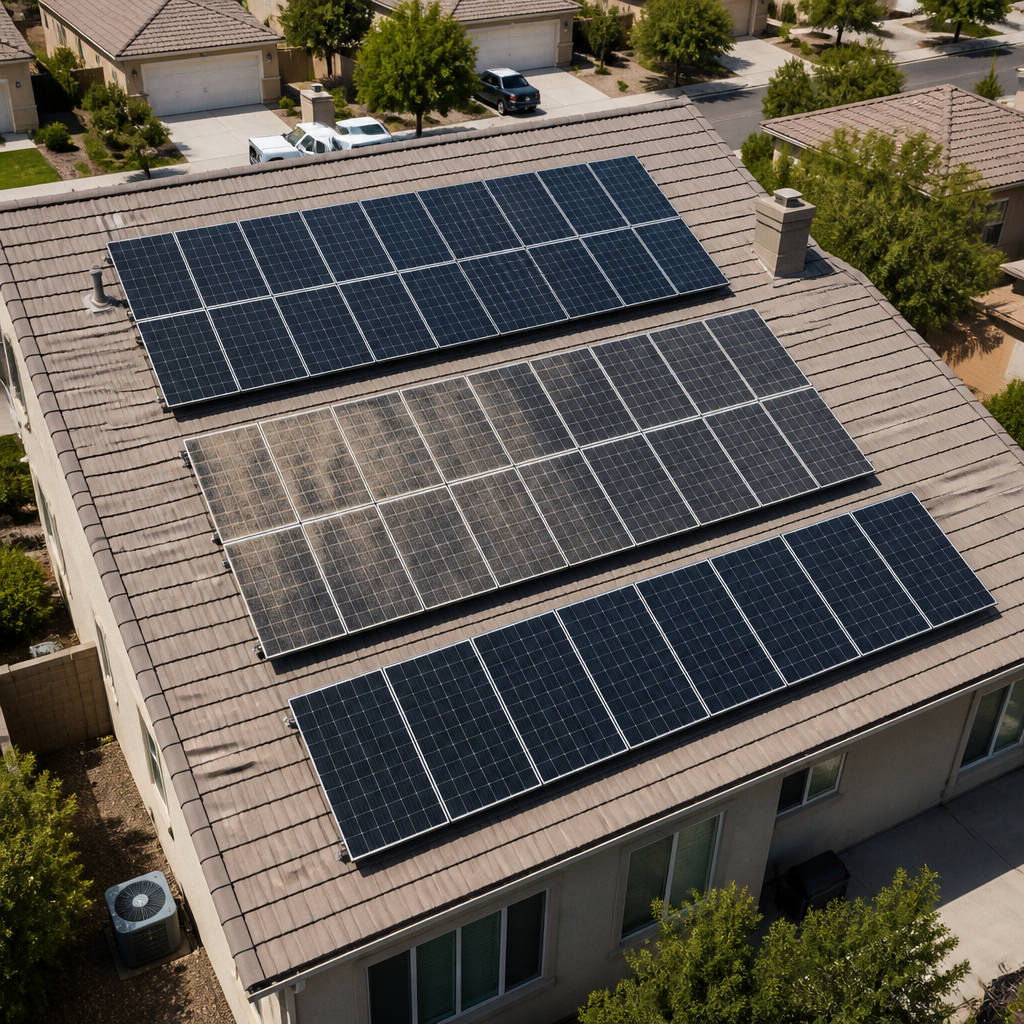 Aerial view of residential solar panel installation showing dust and soiling buildup on panel surfaces