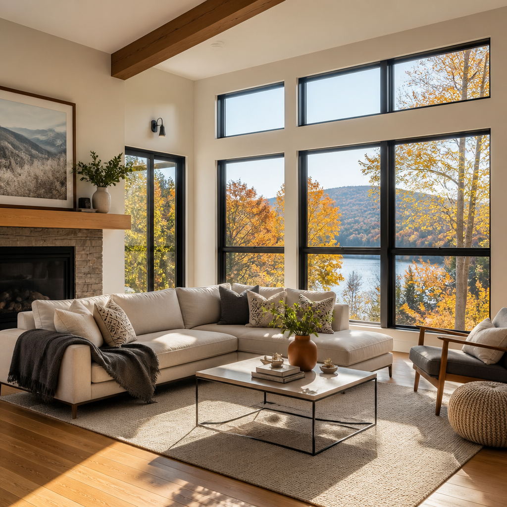 Sunny living room interior with pristine windows allowing maximum natural light during fall season