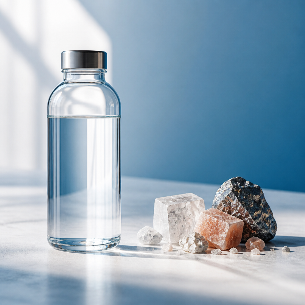 Transparent water bottle next to mineral crystals representing electrolytes in natural light
