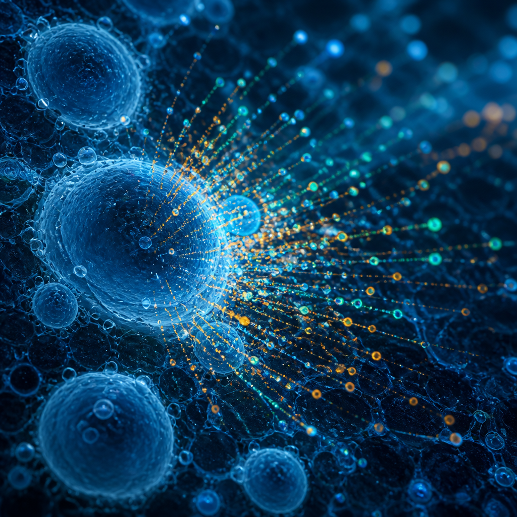 Abstract visualization of electrolyte minerals dispersing from sweat droplets