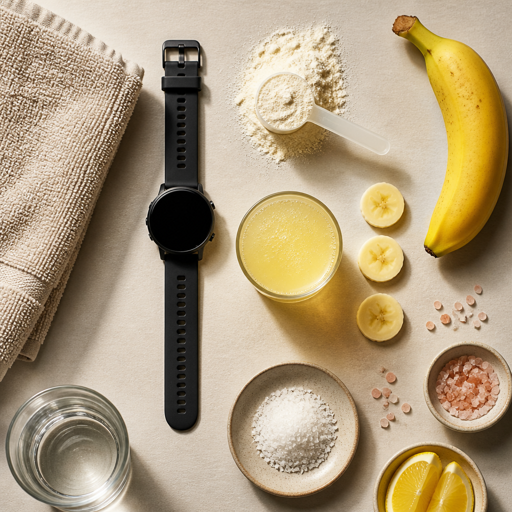 Flat lay of athletic recovery items and electrolyte-rich elements arranged geometrically