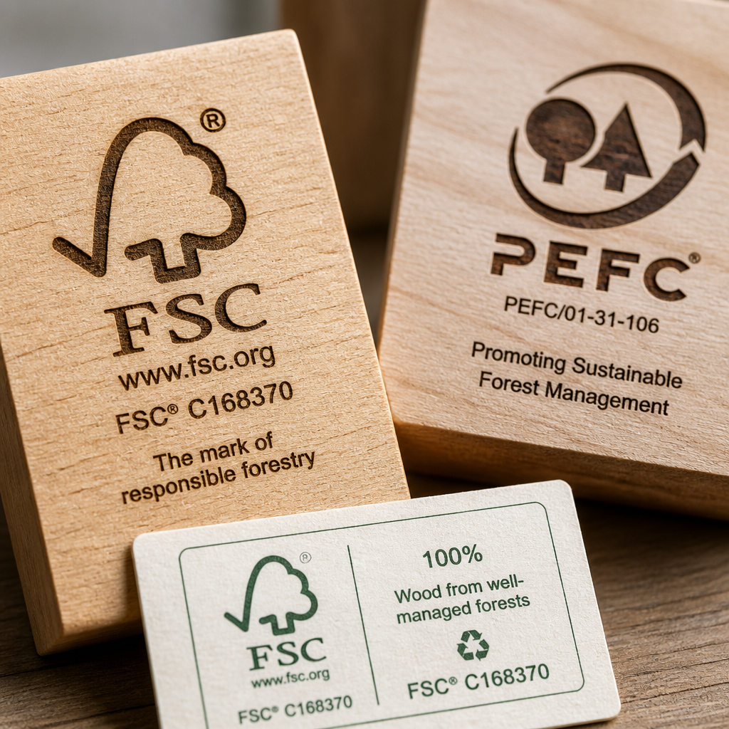 Miljöcertifieringsetiketter för trä visande FSC och PEFC märken på träytor