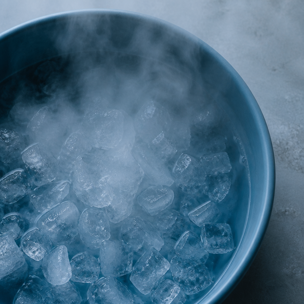 Bacia com gelo e vapor em tom azul frio