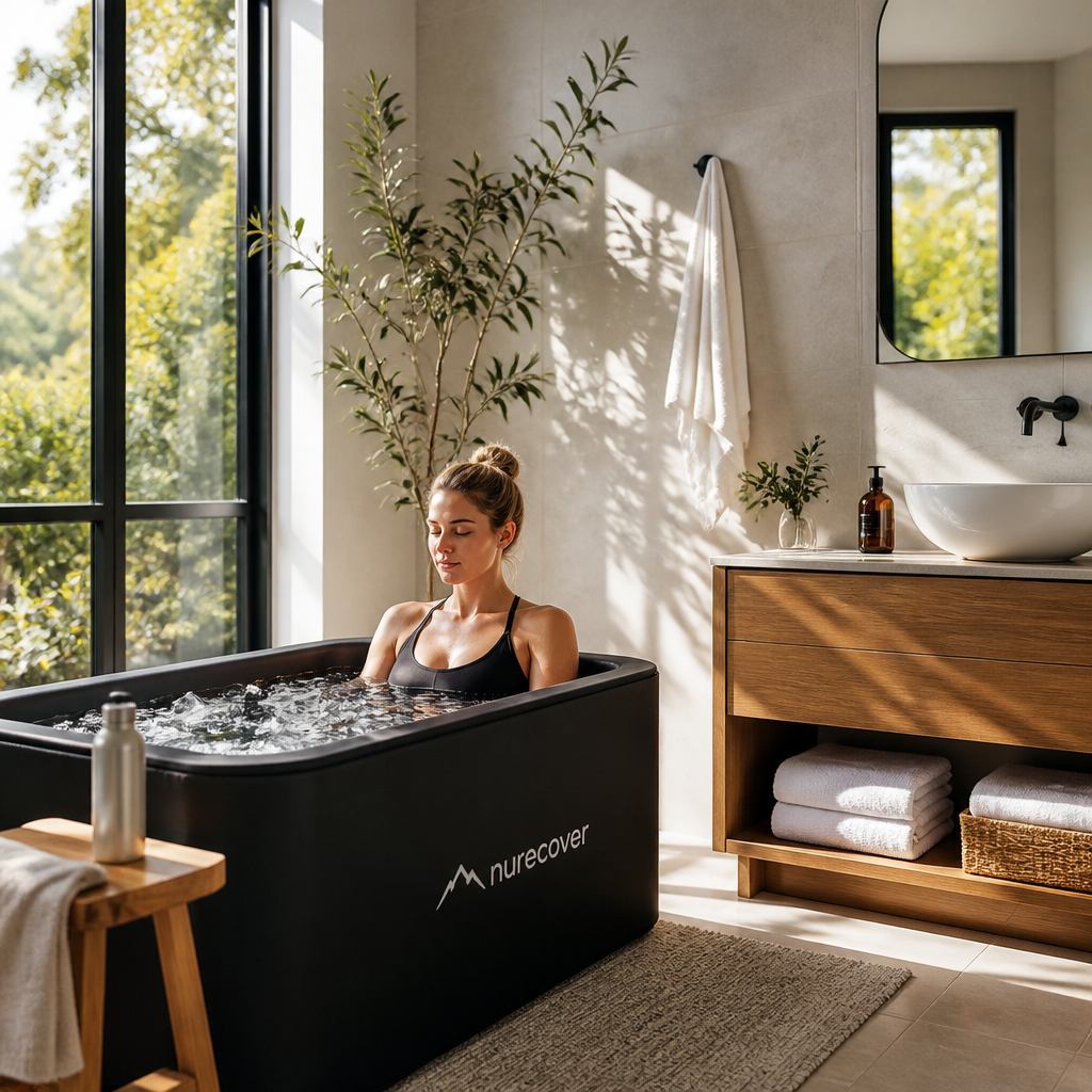 Espaço de wellness minimalista com configuração para banho de gelo