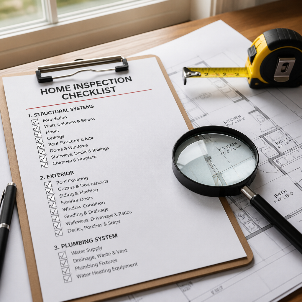 Home inspector's clipboard with checklist and tools on blueprints