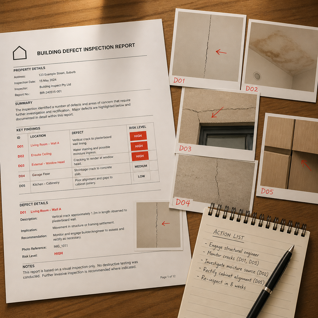 Inspection report with documented building defects and annotations