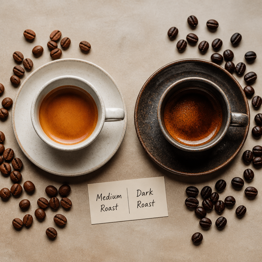 Two espresso cups displaying contrasting color profiles: lighter caramel crema and darker chocolate crema, surrounded by beans of different roast levels