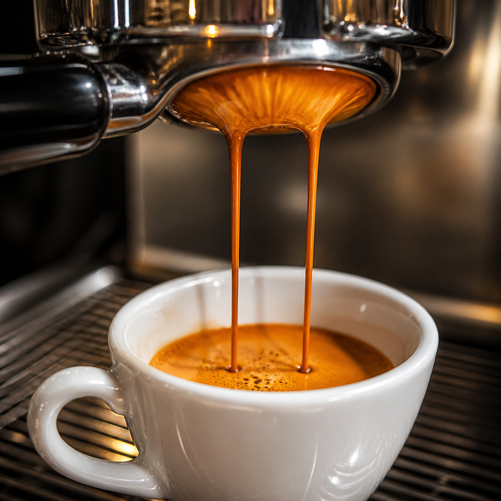 Macro view of espresso pouring into a cup, showing layered crema and syrupy body texture during extraction