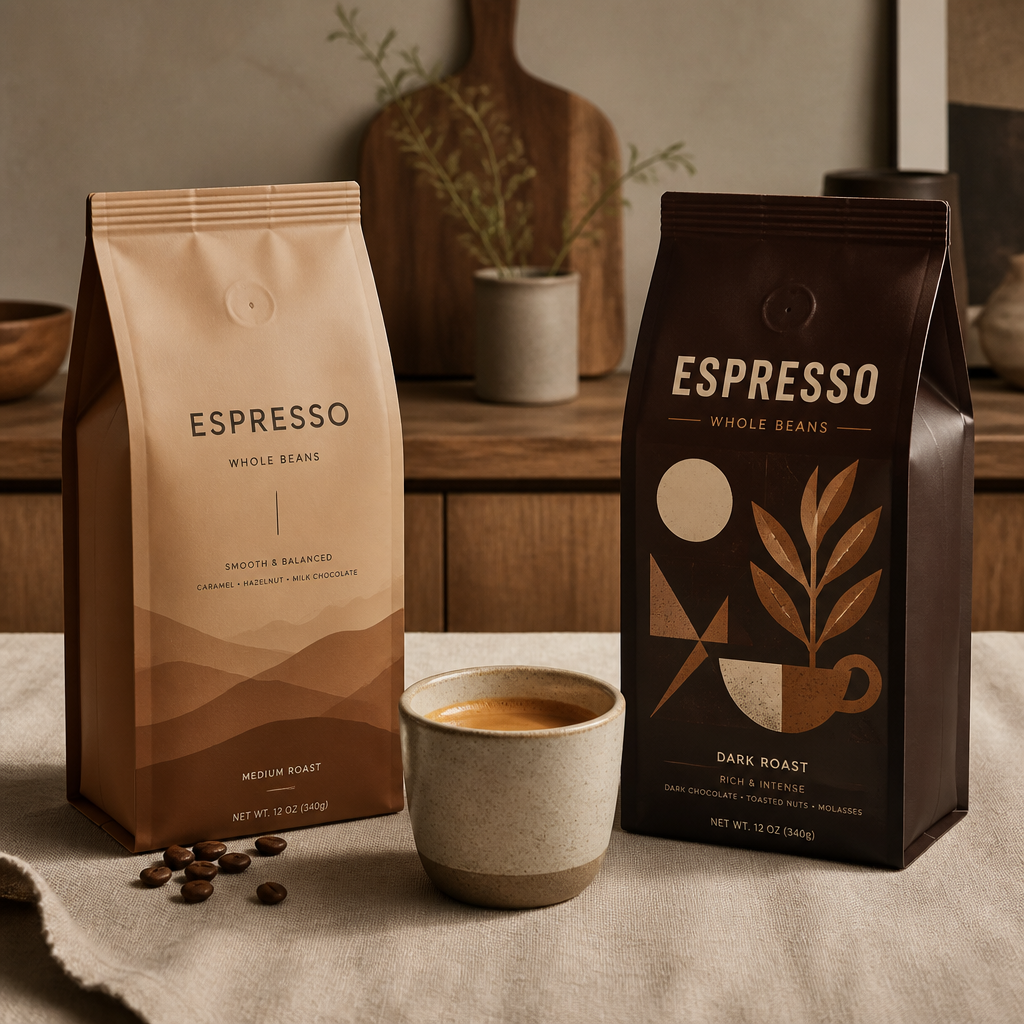 Two espresso bean bags facing each other with a brewed cup positioned between them, styled in warm neutral tones