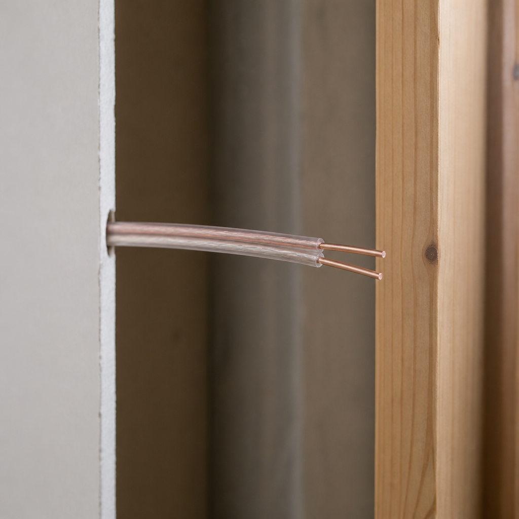 Close-up view of two-wire cable with copper conductors in a wall cavity