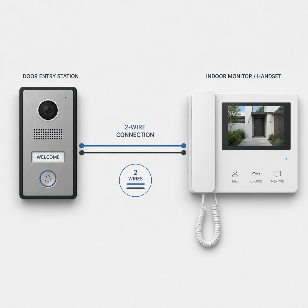Diagram showing two-wire intercom system connection between door station and indoor monitor
