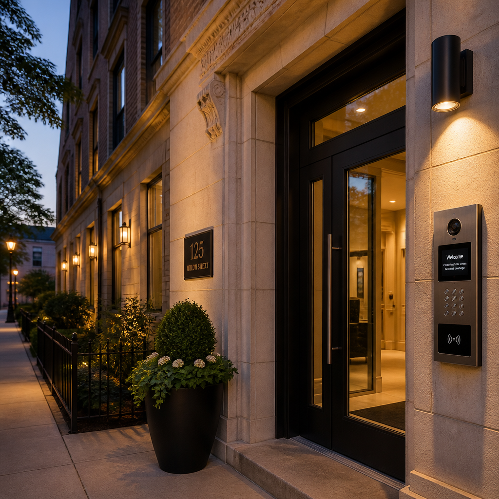 Building entrance with modern door station mounted beside entry door at dusk