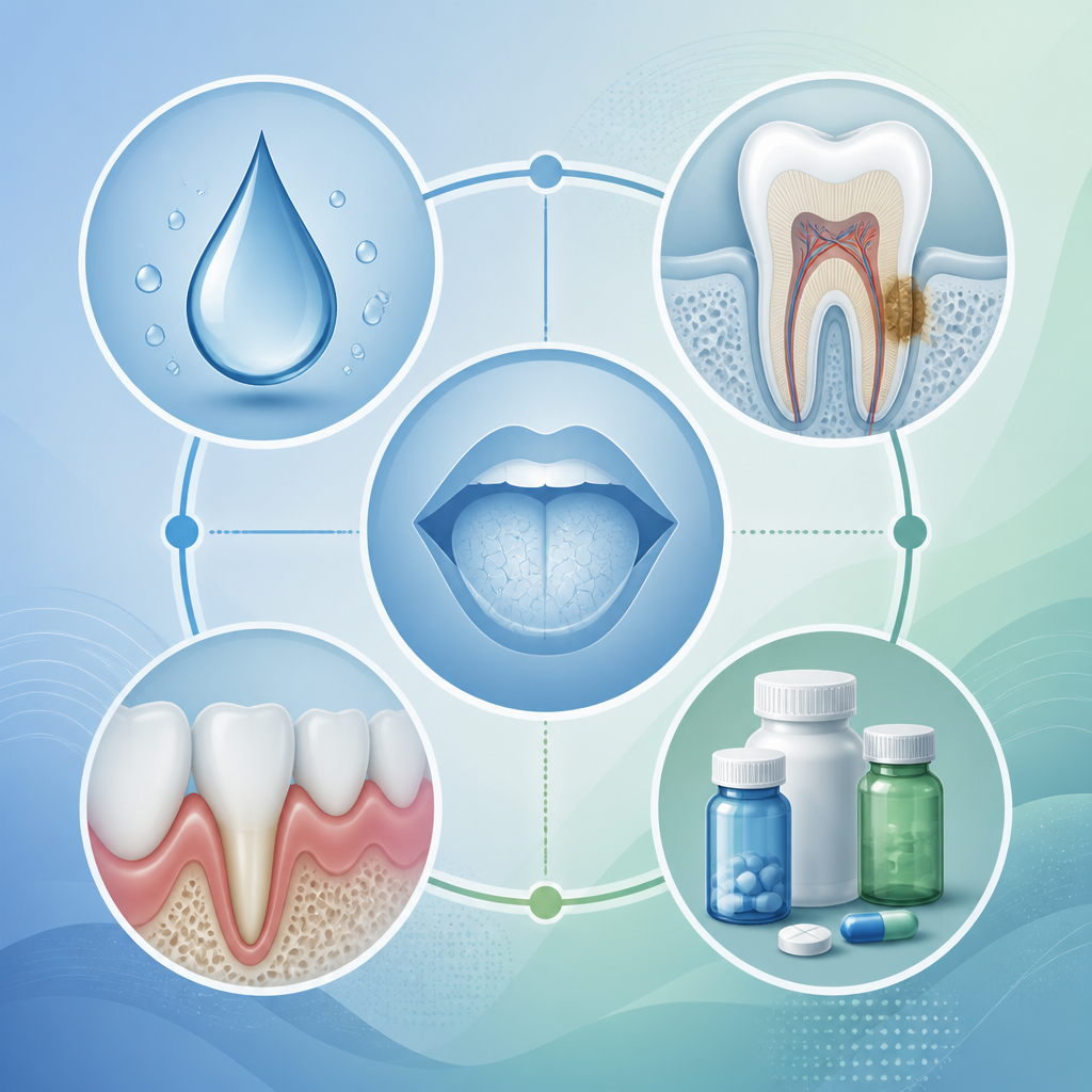 Visual representation of interconnected oral health challenges in aging, shown through abstract icons and symbols