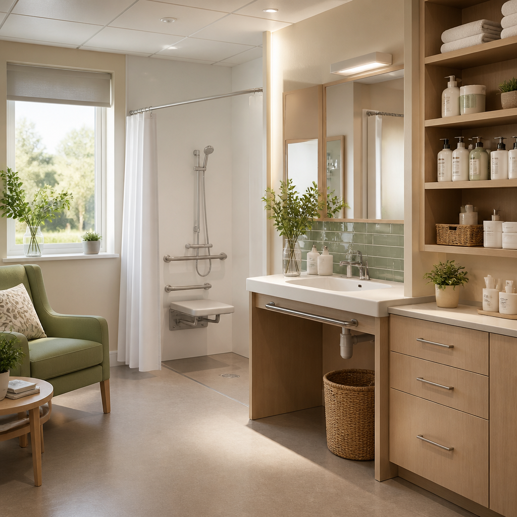 An accessible, well-designed care environment showing proper oral hygiene setup for older adults
