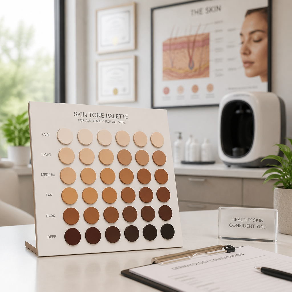 Diverse skin tone color palette on a consultation desk in a modern dermatology clinic