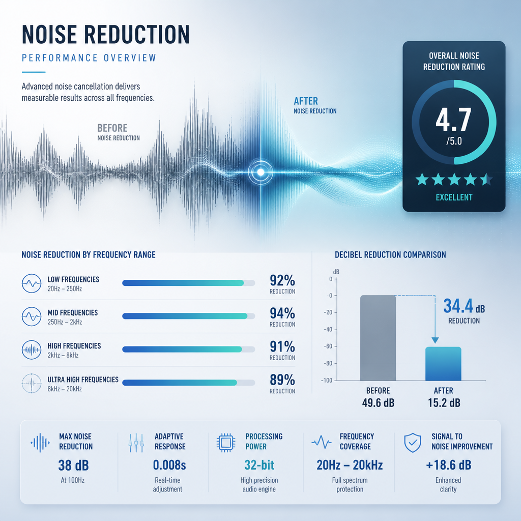 Abstract data visualization of noise reduction ratings and technical specifications with sound waves