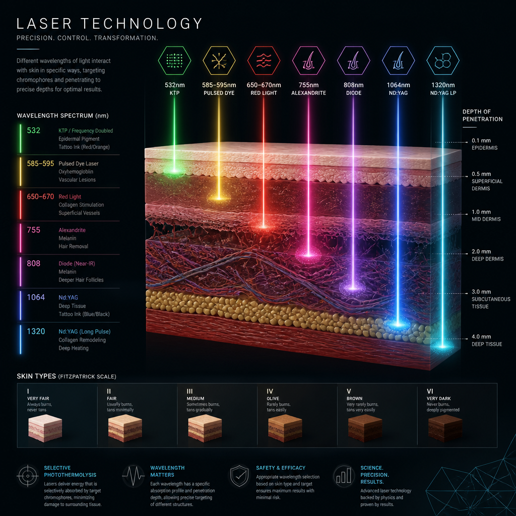 Abstract representation of laser wavelengths and skin interaction visualization