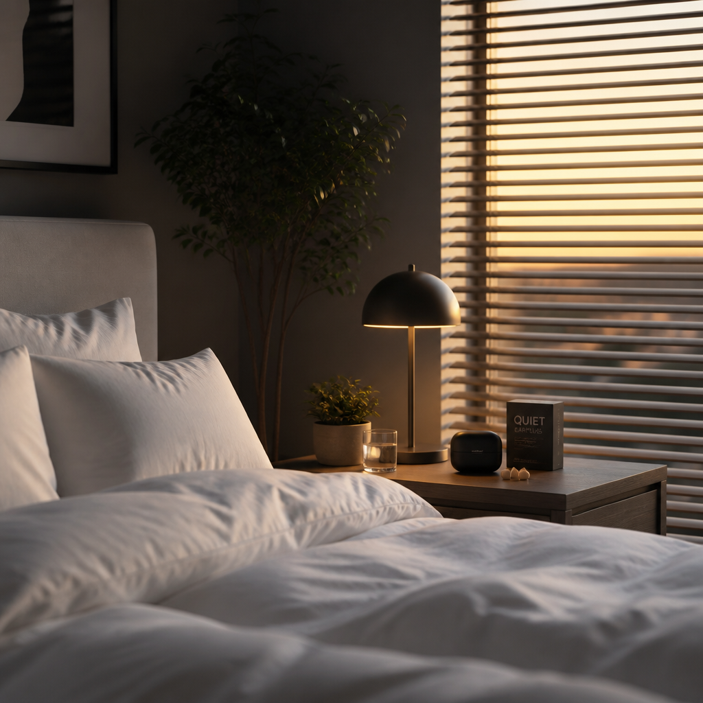 Peaceful bedroom scene with soft lighting and comfortable bedding suggesting quality sleep environment