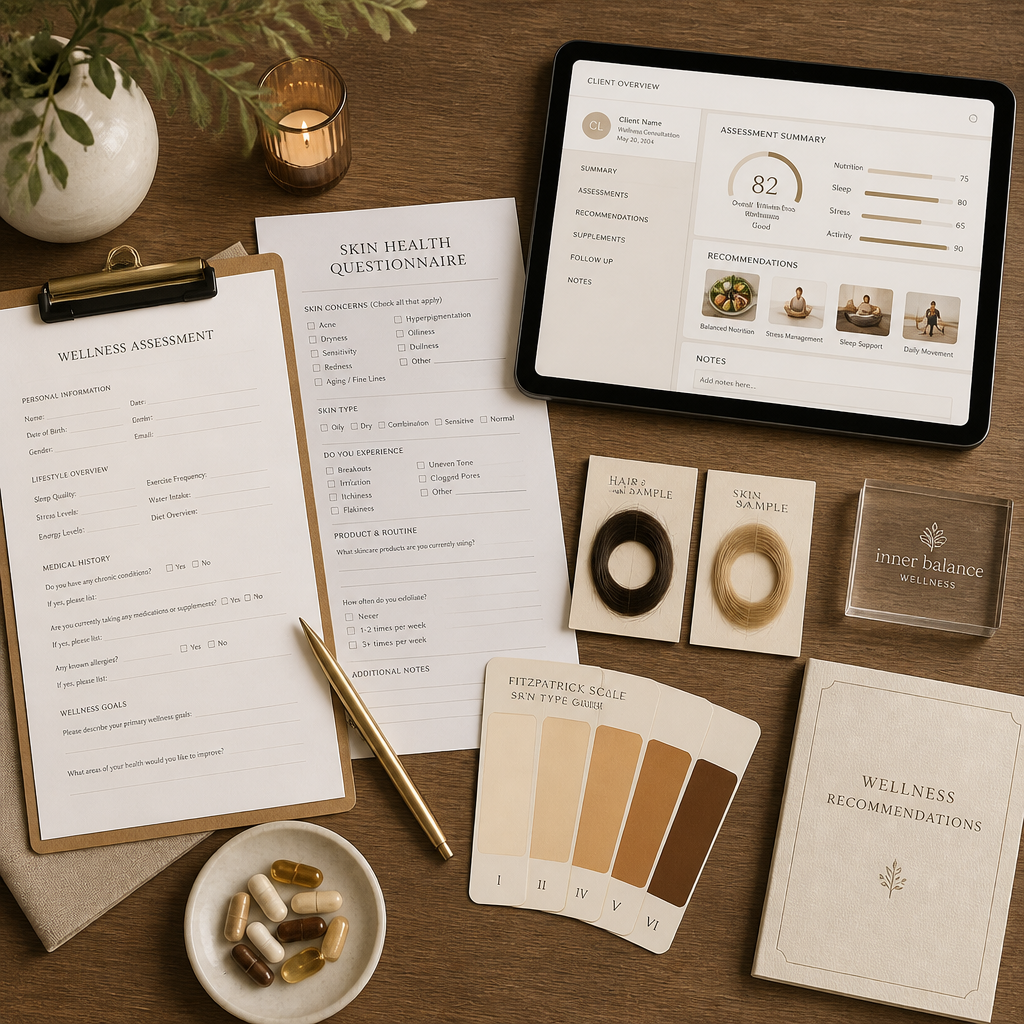 Assessment materials and consultation tools arranged on a consultation desk