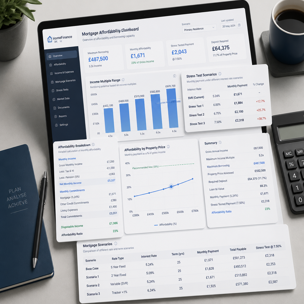 Financial dashboard showing layered mortgage affordability calculations and income multiples