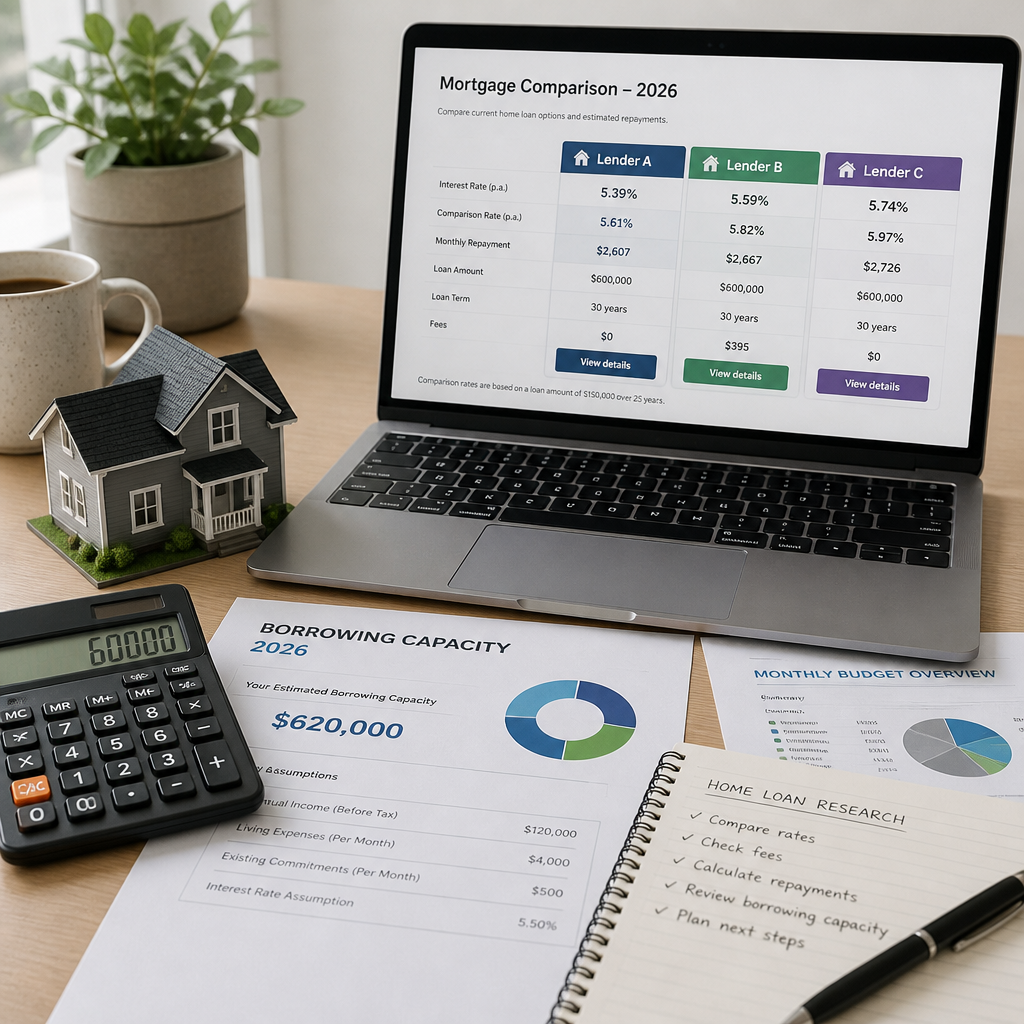 Desk setup with mortgage research tools and financial planning materials