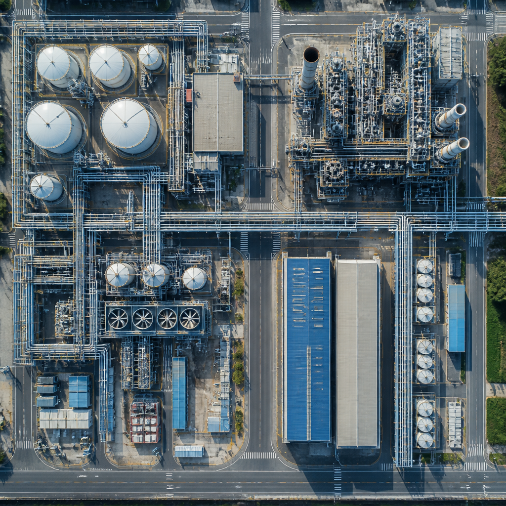 Vue aérienne d'un complexe industriel avec réservoirs et installations de stockage