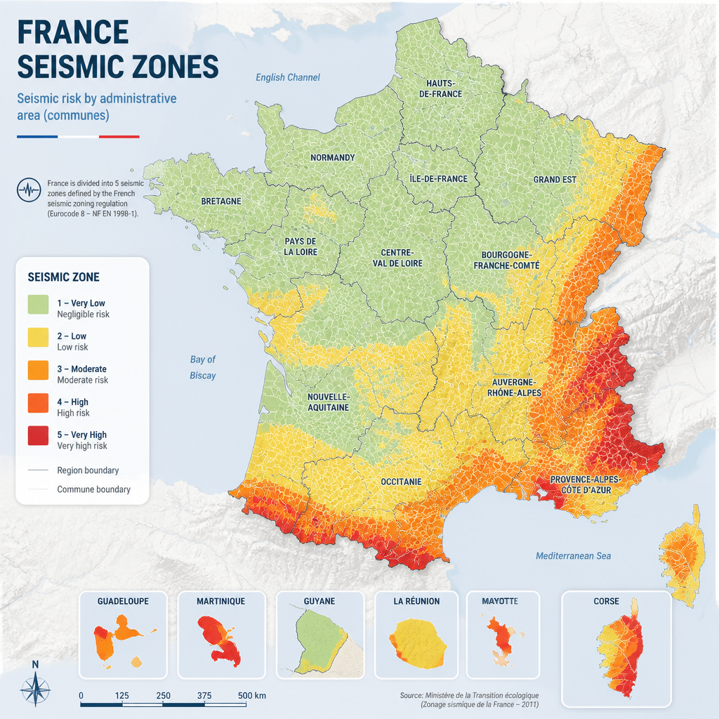 Carte du zonage sismique français avec zones à risque sismique délimitées