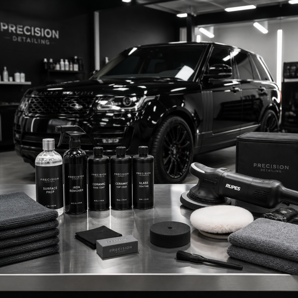 Professional detailing products and tools arranged on a workspace table with SUV in background.