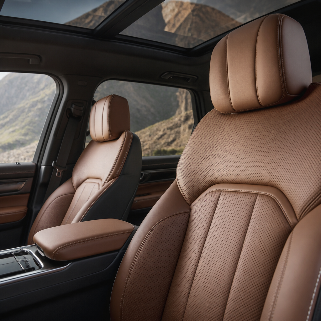 Detail of premium leather seats and panoramic glass interior of a luxury SUV.