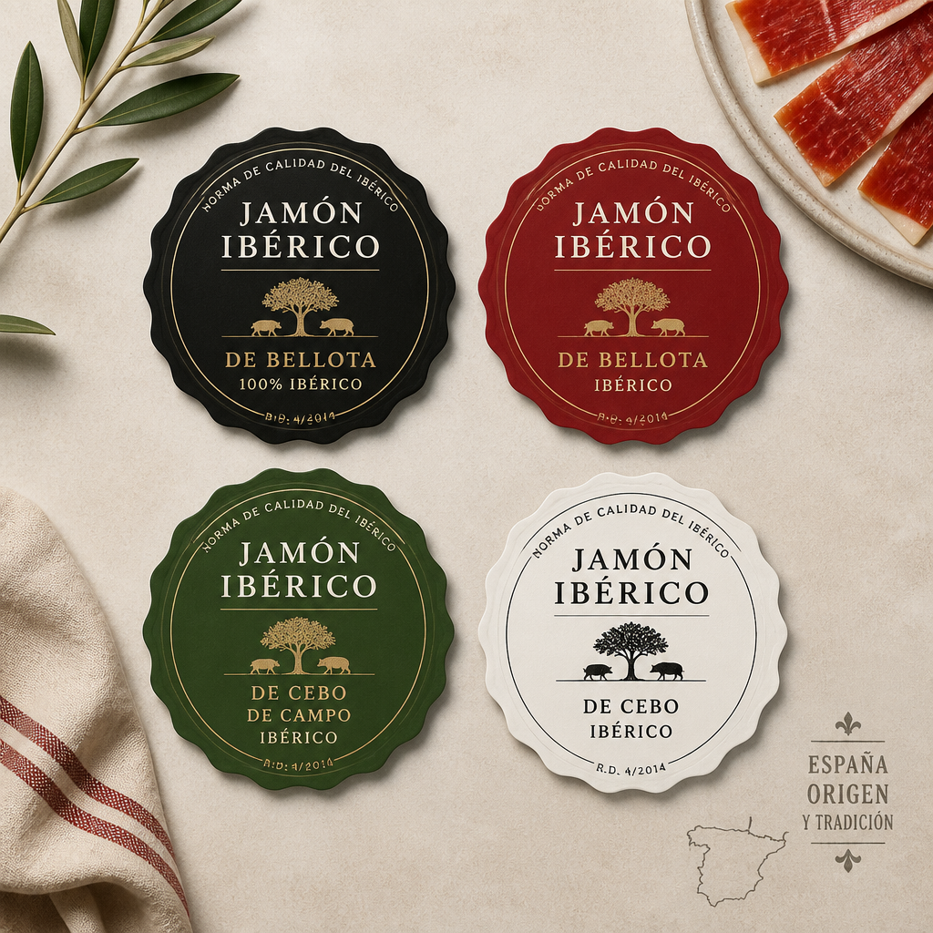 Guía visual de etiquetas de colores para categorías de jamón ibérico