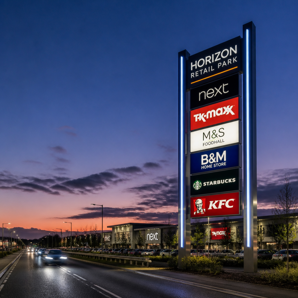 Illuminated twin-pole pylon sign at retail park entrance during dusk with LED lighting visible from the road