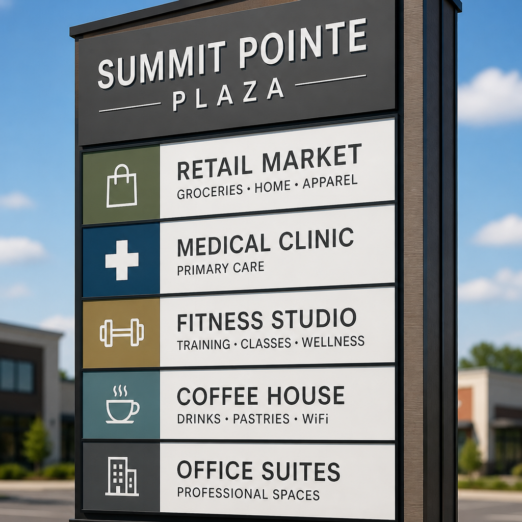 Close-up detail of multi-tenant pylon sign showing clear, organized panel layout and professional typography