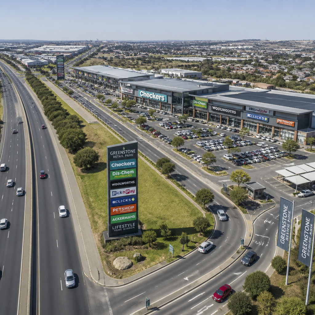 Elevated view of retail park complex showing pylon sign positioning and visibility from main arterial road