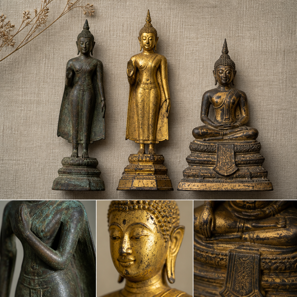 Three Thai Buddha statues from different periods displayed in a collector's arrangement, showing distinct stylistic characteristics.