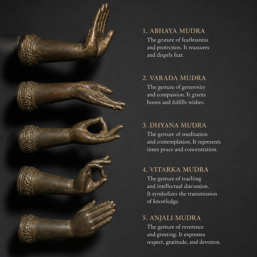 Five different Buddhist hand mudras displayed in bronze, each showing distinct symbolic gestures and positions.