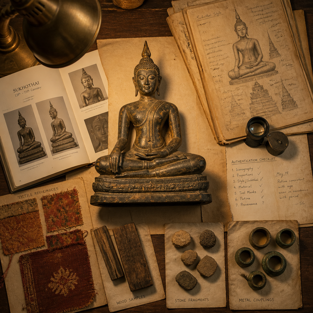 A collector's workspace displaying a Buddha statue with reference materials for provenance verification and period authentication.