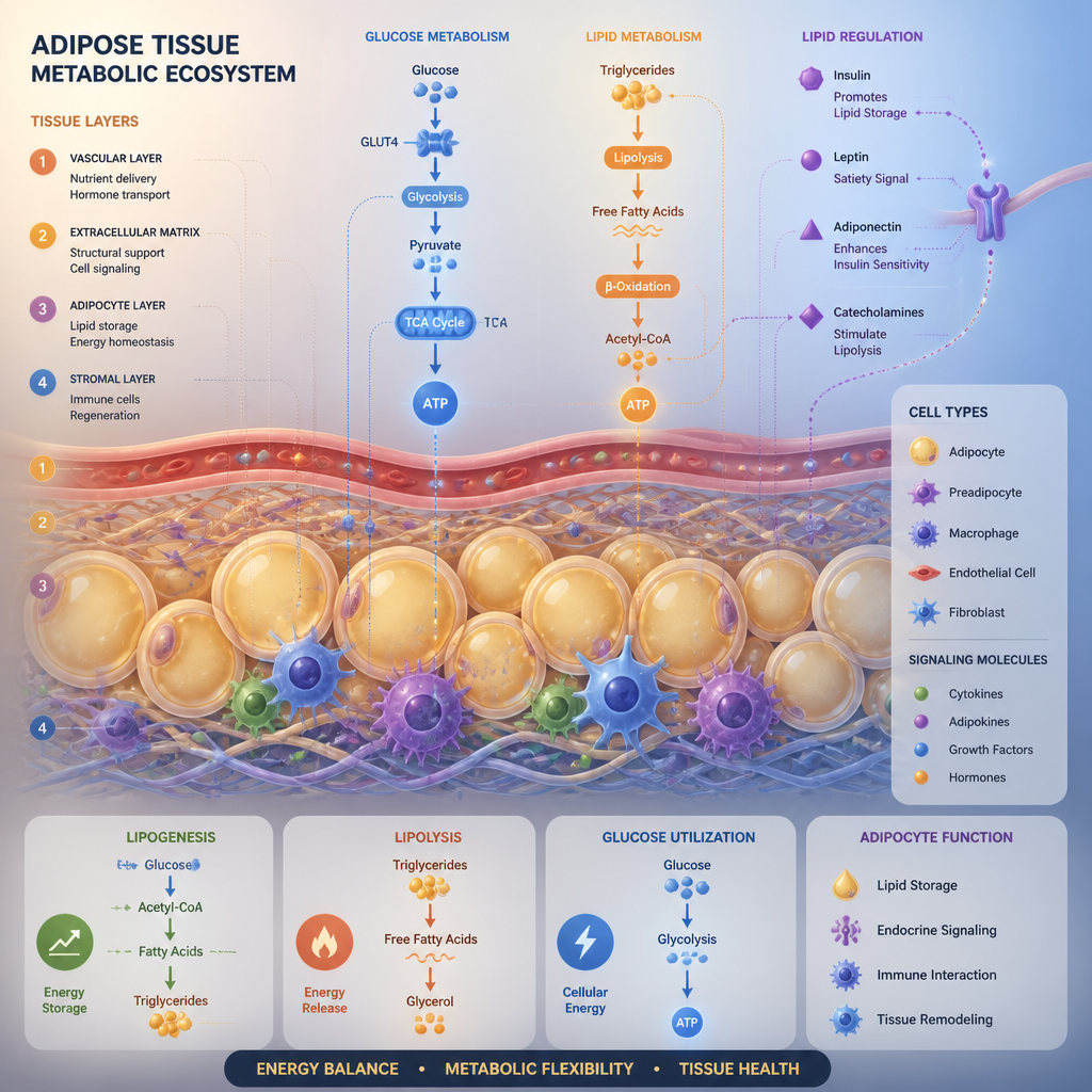 Abstract cellular illustration of adipose tissue and lipid metabolism processes